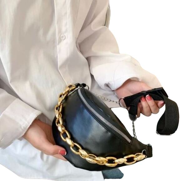 Glamor Fanny Pack Luxe SAFETY Bum Bag Gold CHAIN Preppy FANCY Sleek Chic BLACK - Picture 2 of 6